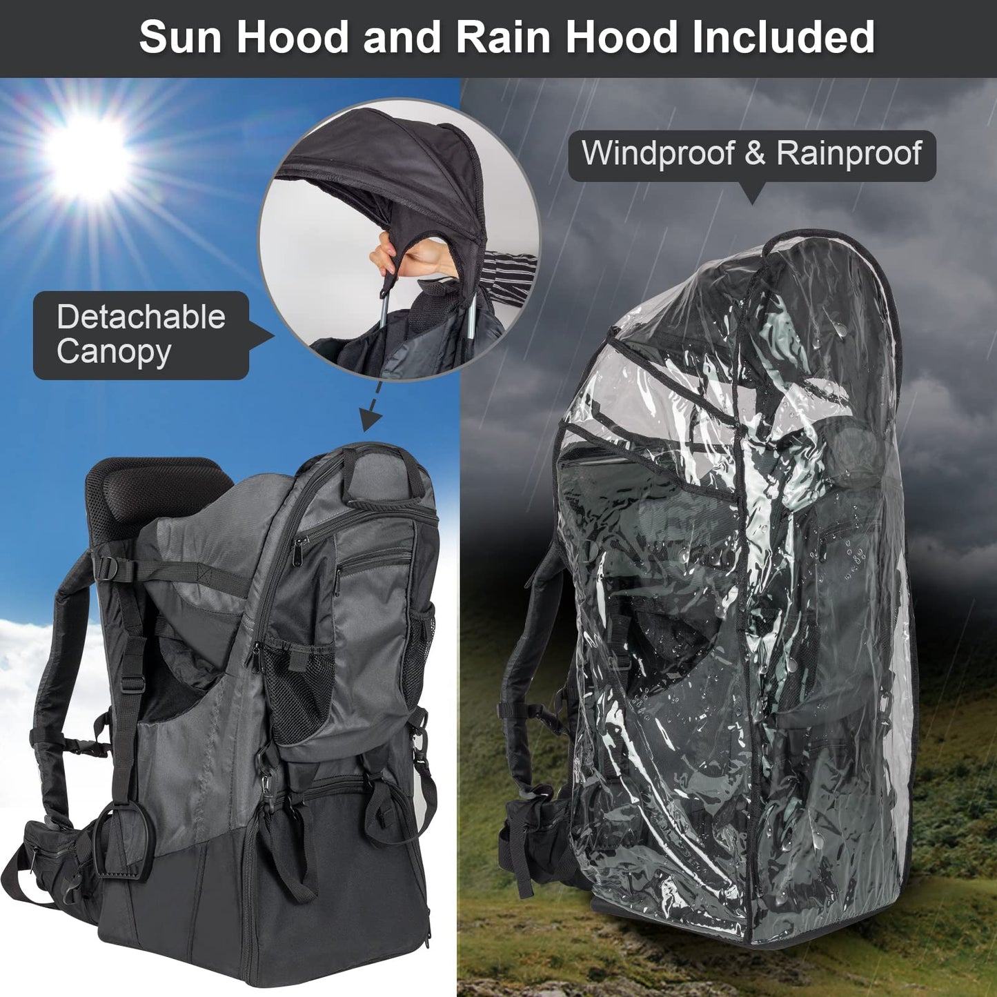 Baby Backpack Carrier, Safe Toddler Hiking Backpack Carrier Camping Child Carriers with Rain Cover Child Kid Sun Shade Large Storage Insulated Pocket, Adjustable Padded Children Seat