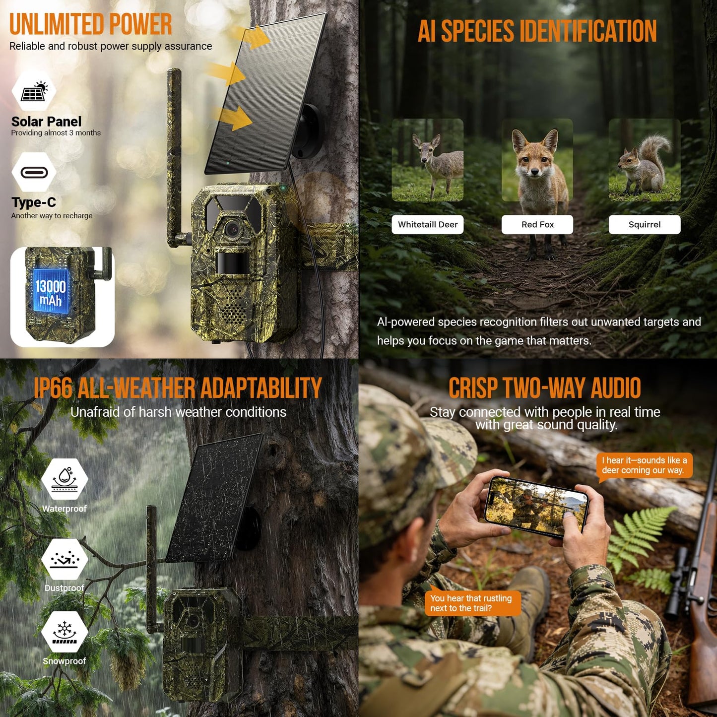 MagicEagle® Cellular Trail Camera 4G Wild Game Cameras 13,000 mAh Battery Solar Panel 2K Audible Video No-Glow IR Night Vision IP66 Waterproof for Wildlife Deer Monitoring Home Security (Green)