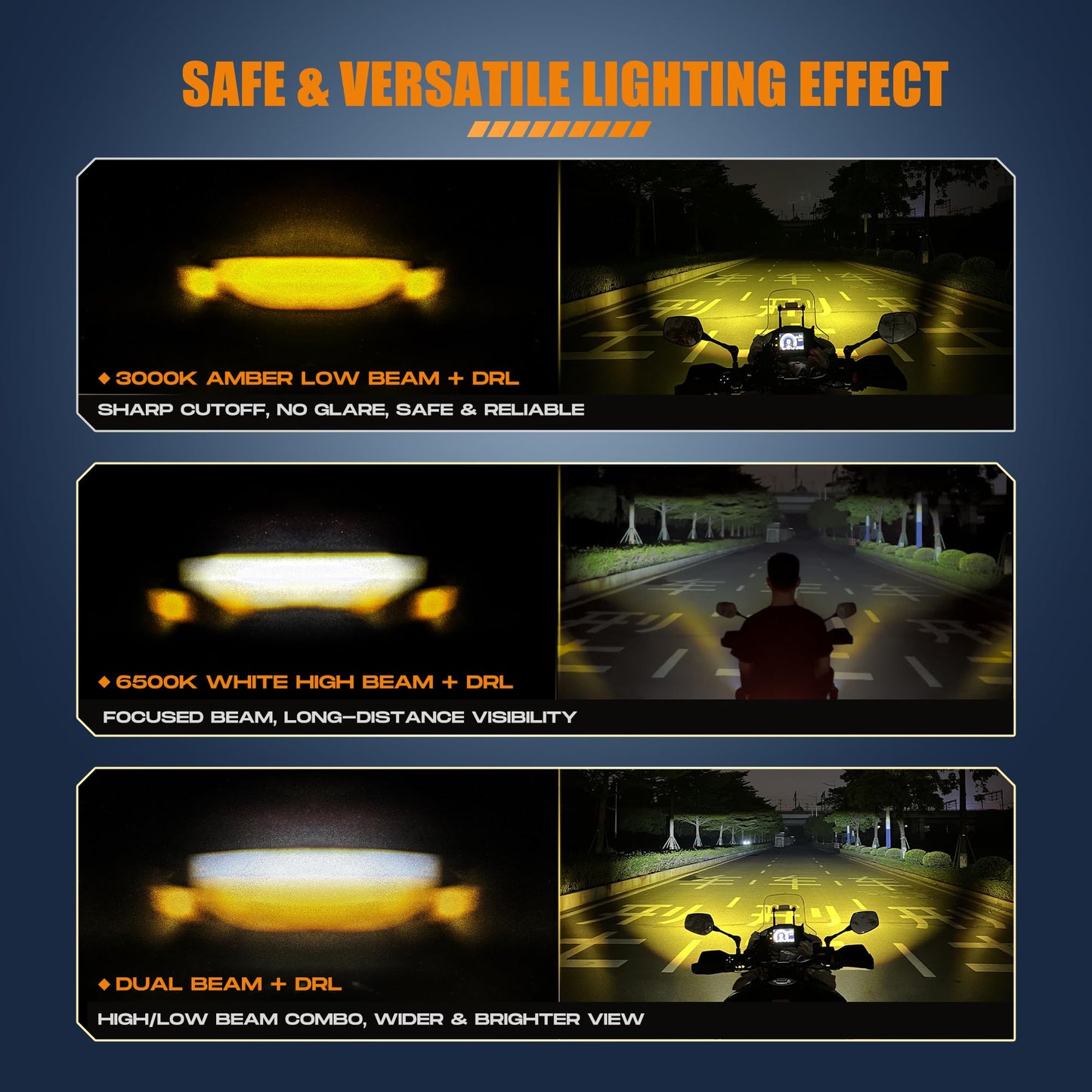 Future Eyes Motorcycle Fog Lights LED Kit, 60W White/Amber Driving Lights with High/Low Beam, CNC Aluminum Waterproof Auxiliary Light, Spot Headlight for Night Riding