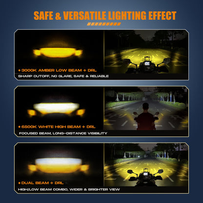 Future Eyes Motorcycle Fog Lights LED Kit, 60W White/Amber Driving Lights with High/Low Beam, CNC Aluminum Waterproof Auxiliary Light, Spot Headlight for Night Riding
