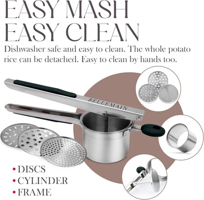 Bellemain 15 oz Large Potato Ricer - Heavy-Duty Stainless Steel Masher with 3 Discs | Ideal for Creamy Mashed Potatoes