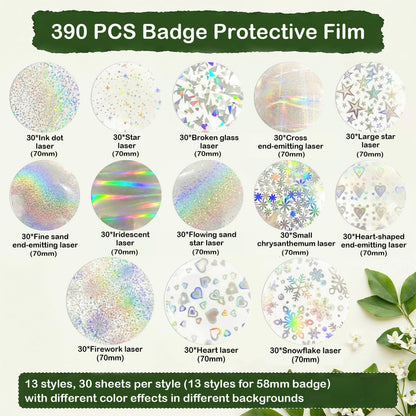 Quuztao 390PCS Button Making Supplies for Badge(2.76 in), 13 Styles of Holographic Glitter Film for 2.25 in Pin Maker Supplies
