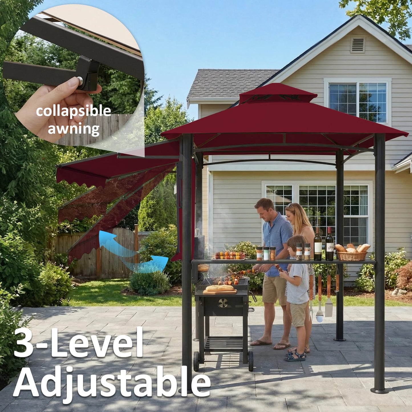 CHARMELEON 8x8 FT Grill Gazebo,Grill Canopy with Big Awning&2 Side Shelves&6 Hooks,Powder-Coated Steel BBQ Shelter for Patio Backyard Outdoor Grilling-Burgundy