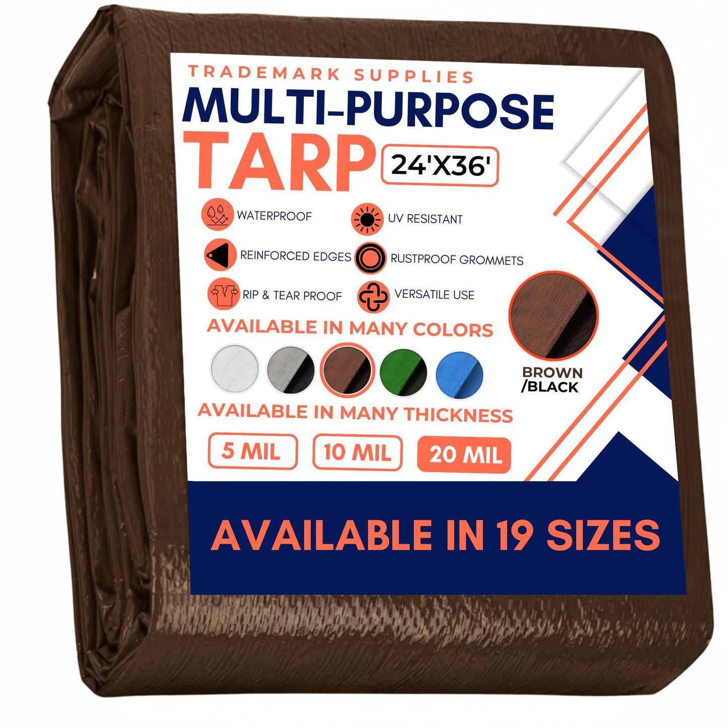 Large Waterproof Tarp - Heavy Duty 20 Mil Thick Poly Tarpaulin Ideal for Canopy Tents, Boats, RV or Pool Covers - Multipurpose Protective Tarps with Grommets for Indoor and Outdoor Use | 24' x 36'