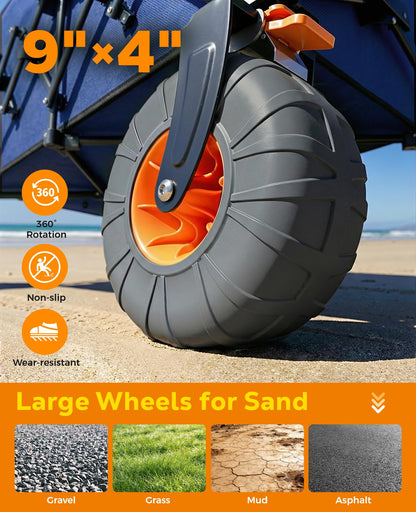 Beach Wagon with Big Wheels for Sand, 440lbs Wagons Carts Foldable with 9x4 All-Terrain Wheels, Rear Tailgate, 200L Capacity, Heavy Duty Collapsible Beach Cart for Garden Sports Camping Outdoor, Blue