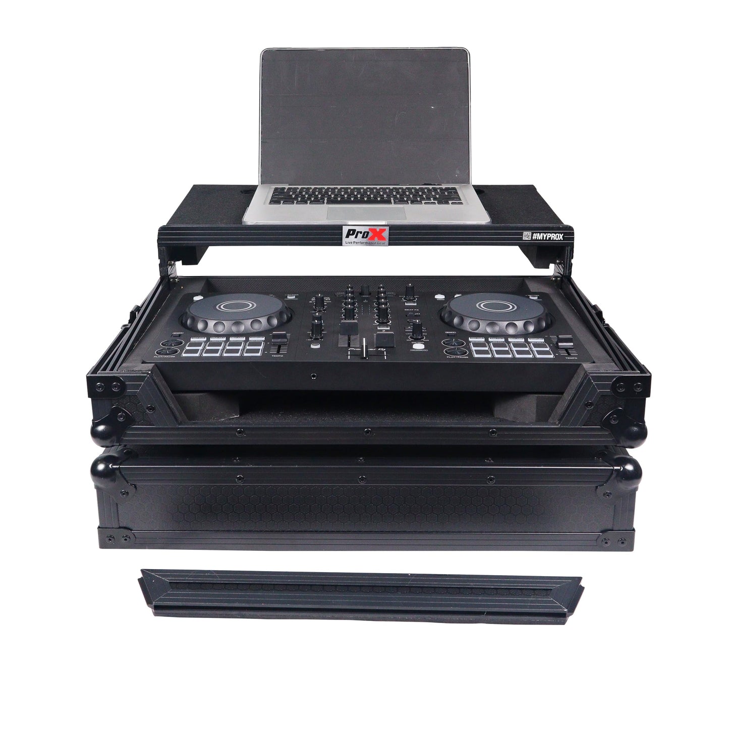 ProX X-DDJFLX4LTBL ATA DJ Controller Flight Case with Laptop Shelf, Fits DDJ-FLX4 DDJ-SB3 DDJ-400, Black Honeycomb Finish, Heavy Duty Road Case with Cable Space