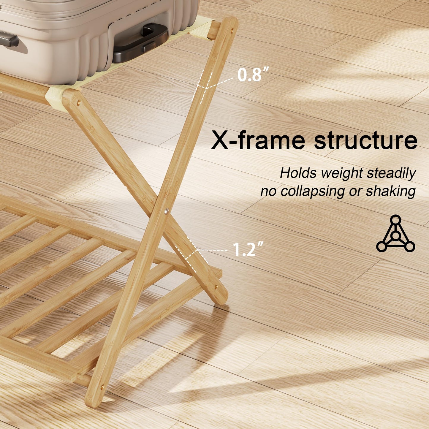 SANLUCE Fully Assembled Luggage Rack Set of 2 for Guest Room, Bamboo Suitcase Stand with Foldable Storage Shelf, Crossed Nylon Straps Folding Luggage Holder for Bedroom and Hotel, Natural