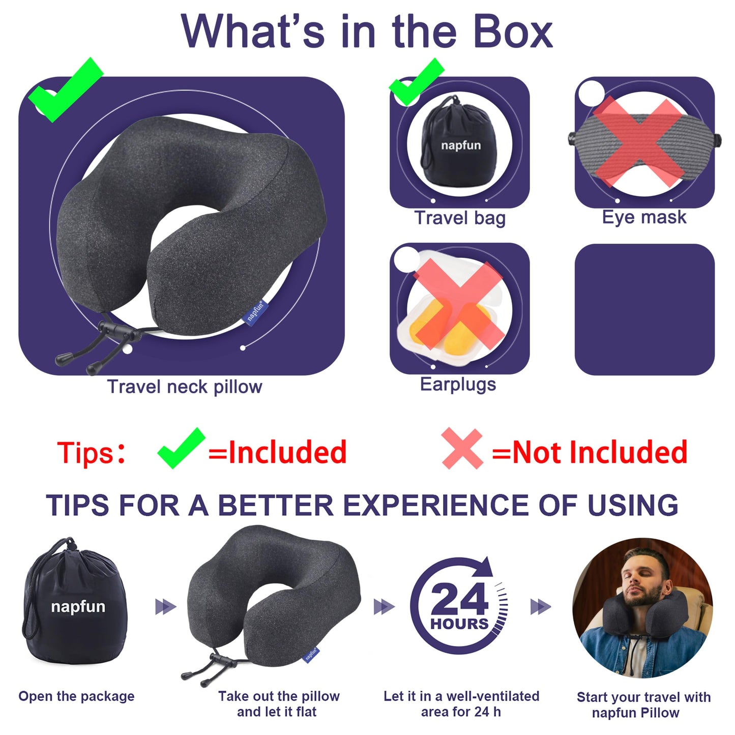 napfun Travel Pillow, Travel Accessories & Travel Essentials for Airplane Upgraded 100% Pure Memory Foam Travel Neck Pillow for Flight Headrest Sleep, Portable Plane Necessities, Full Black