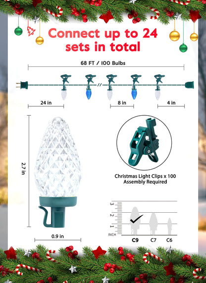 Minetom C9 LED Christmas Lights Outdoor, 68Ft, 100 LED, Waterproof, Blue & Pure White, Model GY-C9-X-33-3B