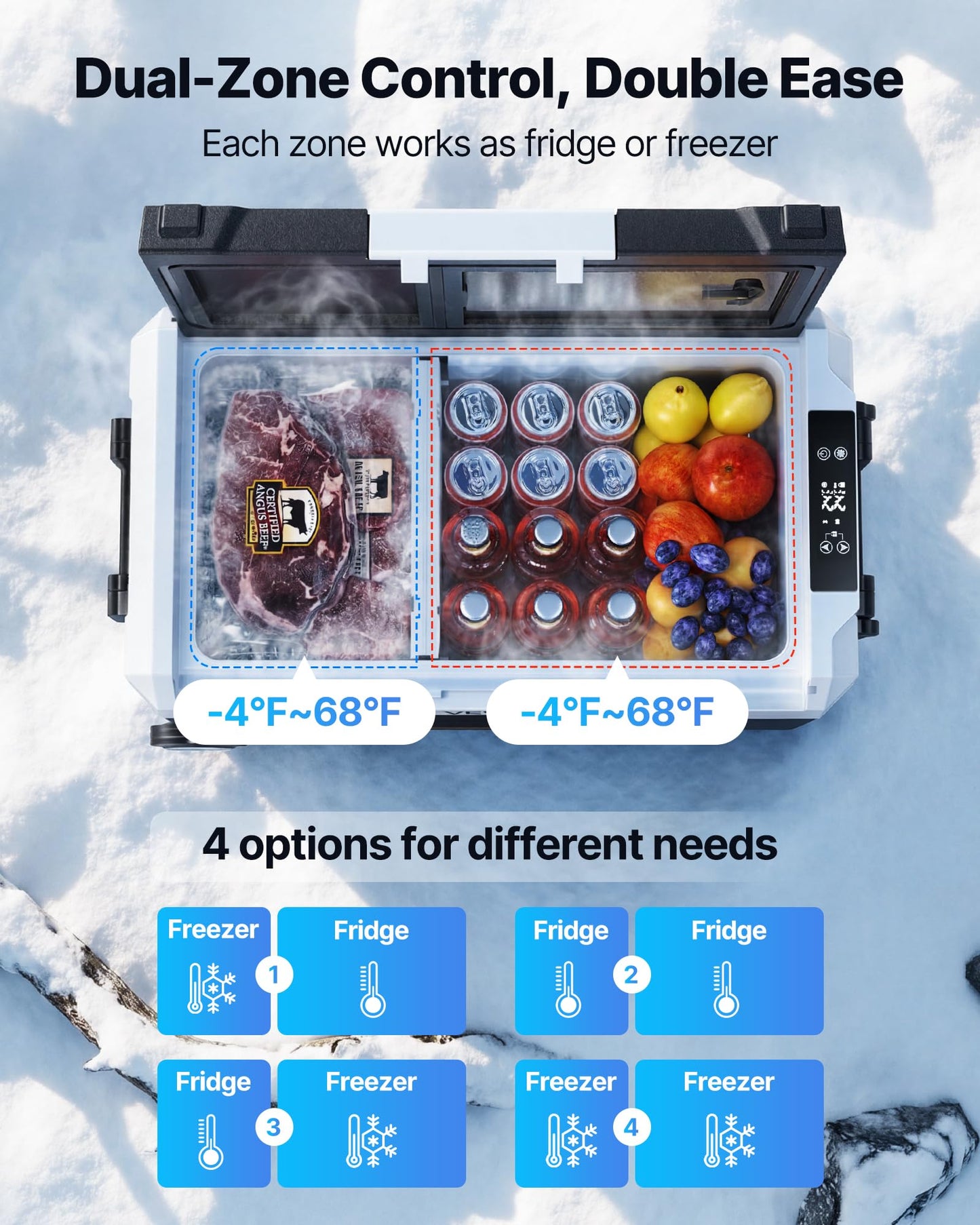 VEVOR Car Refrigerator, DC 12/24V AC100-240V Compressor Electric Cooler, -4°F to 68°F Truck Refrigerator with APP Control, Wheels & Dual Zone, 58 QT Cars Cooler for RVs, Boats, Camping, Fishing