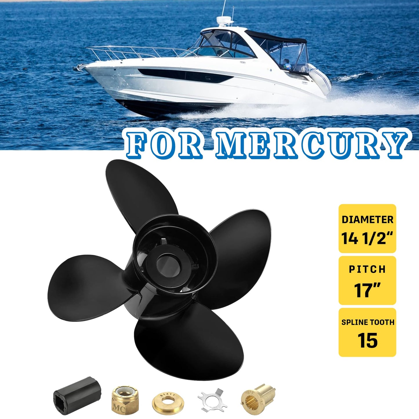 MiBarco 14 1/2 x 17(Hub Kits Included) Upgrade Aluminum Boat Propeller Fit Mercury Outboard Engines 135-300 HP Mercruiser Alpha &Bravo ONE, 4 Blades 15 Spline Tooth,14.5dia x 17pitch Prop RH