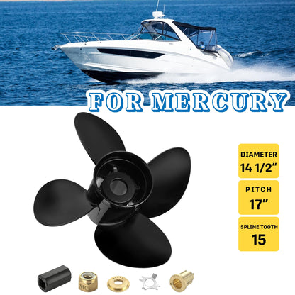 MiBarco 14 1/2 x 17(Hub Kits Included) Upgrade Aluminum Boat Propeller Fit Mercury Outboard Engines 135-300 HP Mercruiser Alpha &Bravo ONE, 4 Blades 15 Spline Tooth,14.5dia x 17pitch Prop RH