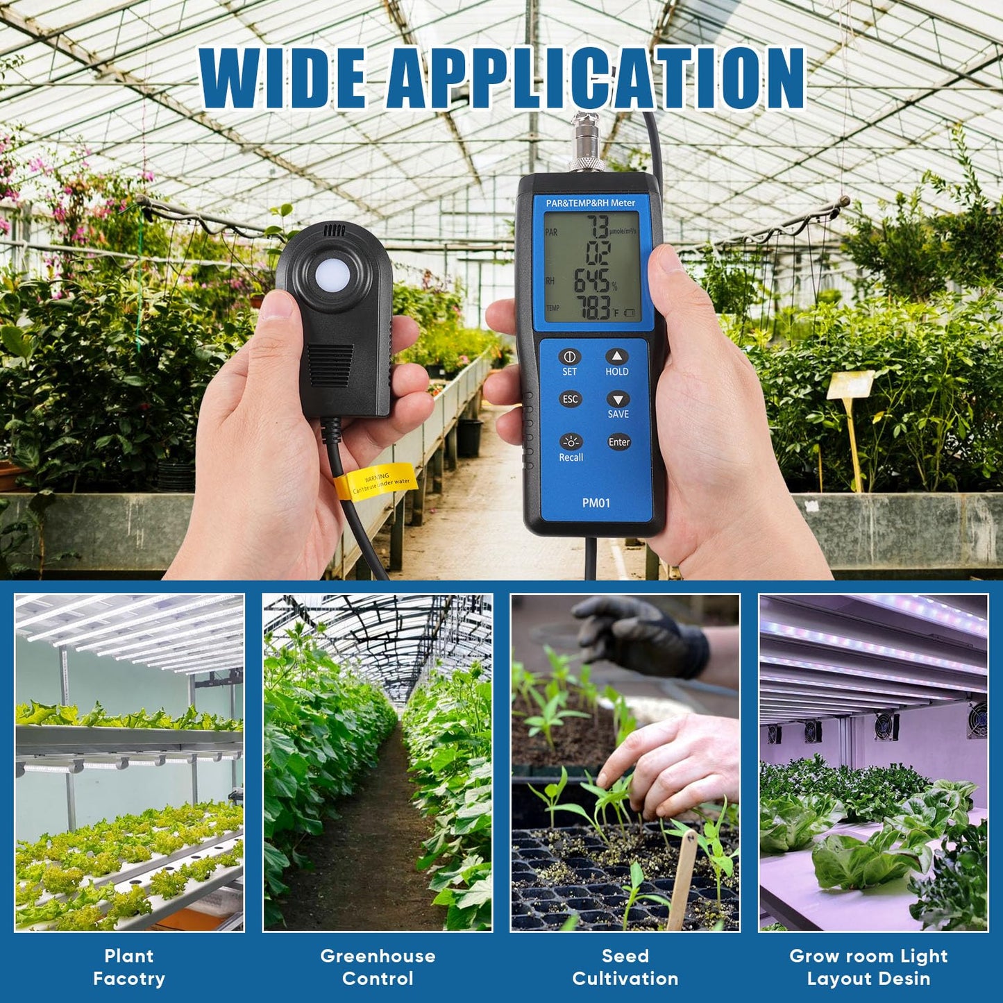 Quantum PAR Meter for LED Grow Lights, 400-700nm Wavelengths Range, Temperature and Humidity Display, PPFD Meter with 36 inch Telescopic Wand for Easy Testing in Tent, Room, Greenhouse