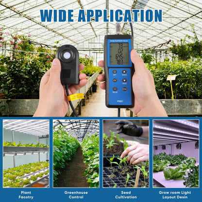 Quantum PAR Meter for LED Grow Lights, 400-700nm Wavelengths Range, Temperature and Humidity Display, PPFD Meter with 36 inch Telescopic Wand for Easy Testing in Tent, Room, Greenhouse