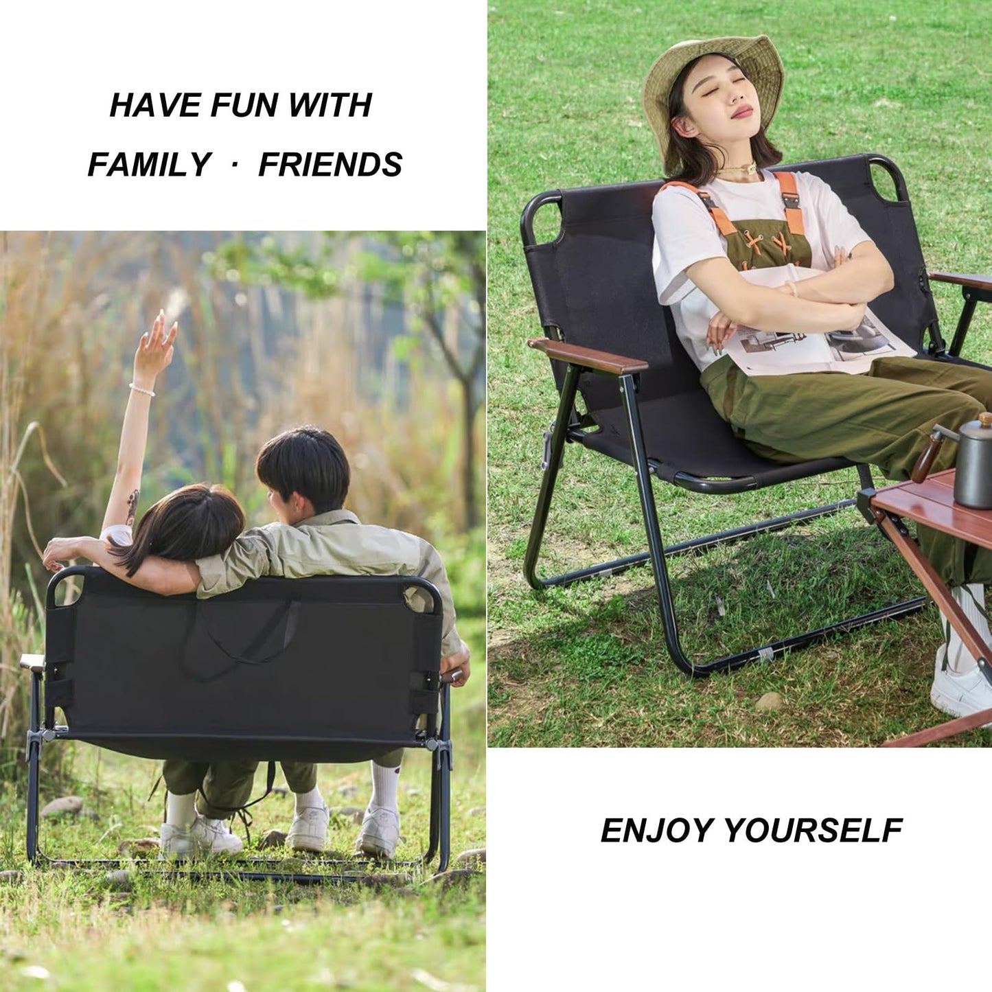 ptlsy 2 Person Camping Chair Oversized Loveseat Camping Chair with Seat Cushion Double Camping Chairs for Adults Heavy Duty Camping Couch Black Outdoor Folding Chair Portable Patio Lawn Chair