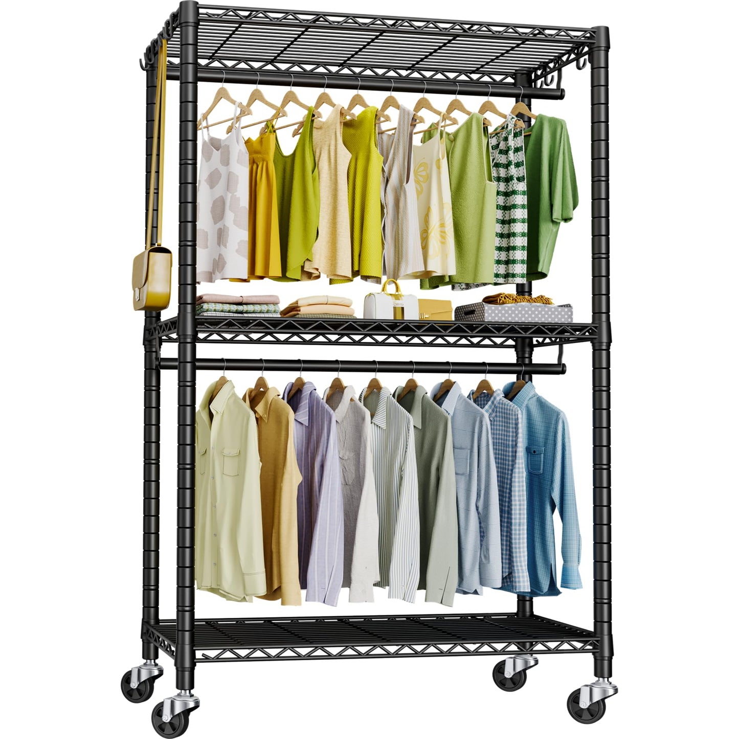 FUTASSI P3 Rolling Clothes Rack, Clothing Racks for Hanging Clothes, Heavy Duty Garment Rack with Wheels, Freestanding Portable Closet Racks 39.4'' W x 14'' D x 78.5'' H, Max Load 470 LBS, Black