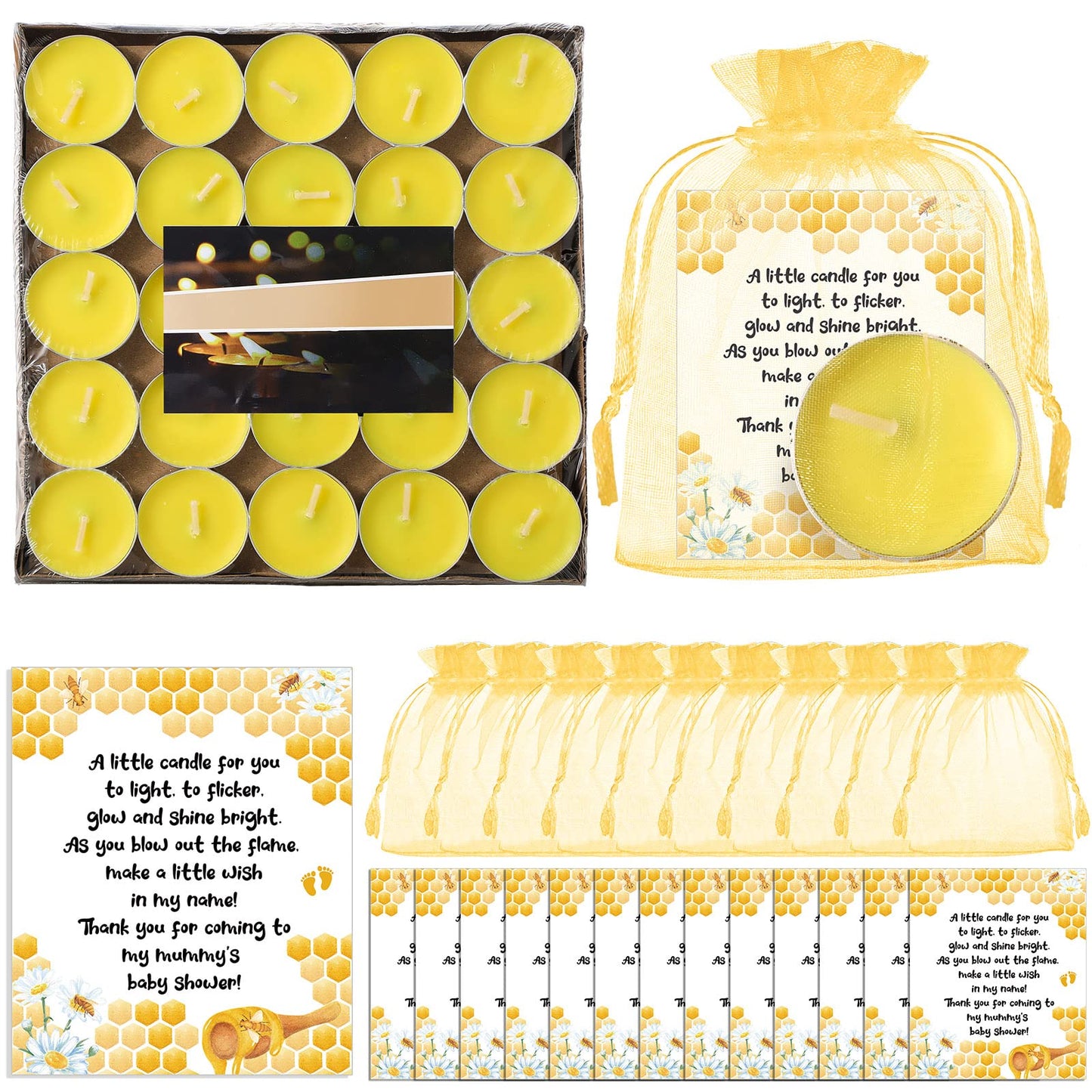 Amyhill Beeswax Tea Light Candle Set - 100 Pieces Unscented Baby Shower Party Favor with Cute Bee Theme - Includes Cards & Organza Bags