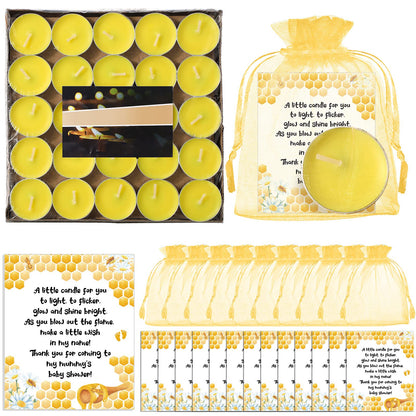 Amyhill Beeswax Tea Light Candle Set - 100 Pieces Unscented Baby Shower Party Favor with Cute Bee Theme - Includes Cards & Organza Bags