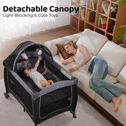 Pamo Babe Baby Playard with Canopy, Portable Crib with Changing Table
