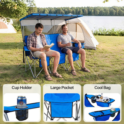 BESTHLS 3 Person Camping Chair with Canopy Shade Oversize Folding Beach Chair with 3 seat for Camp Outdoor Concert Sports（Blue