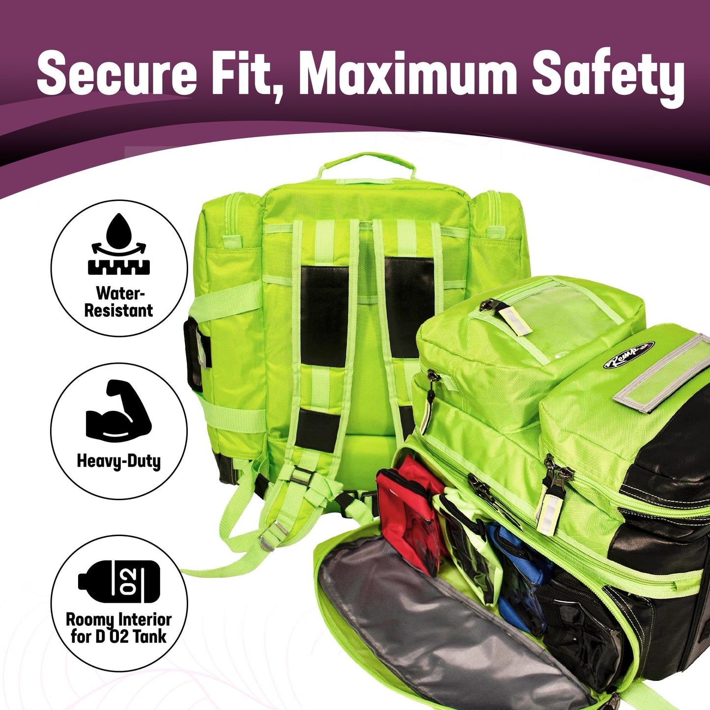 Kemp USA Ultimate EMS Backpack EMT Emergency Medical Bag Fits BLS ALS Gear and D Tank Oxygen Cylinder 1680D Nylon Multiple Grab Points Chest Waist Straps Color Coded Pouches Neon Green