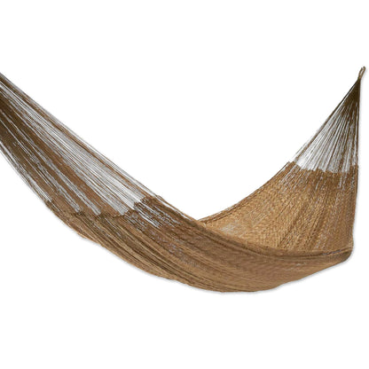 NOVICA Metallic Copper Brown Nylon Hand Woven Mayan Rope 2 Person XL Hammock, 'Glowing Bronze' (Double)