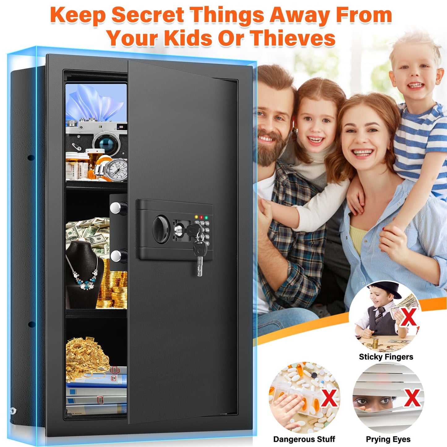 25.6" Tall Fireproof Wall Safes Between the Studs 16" Centers, Hidden Wall Safe with 2 Removable Shelf & Hidden Tray, Heavy Duty Wall Mount Safe for Money, Jewelry, Passport, Valuables