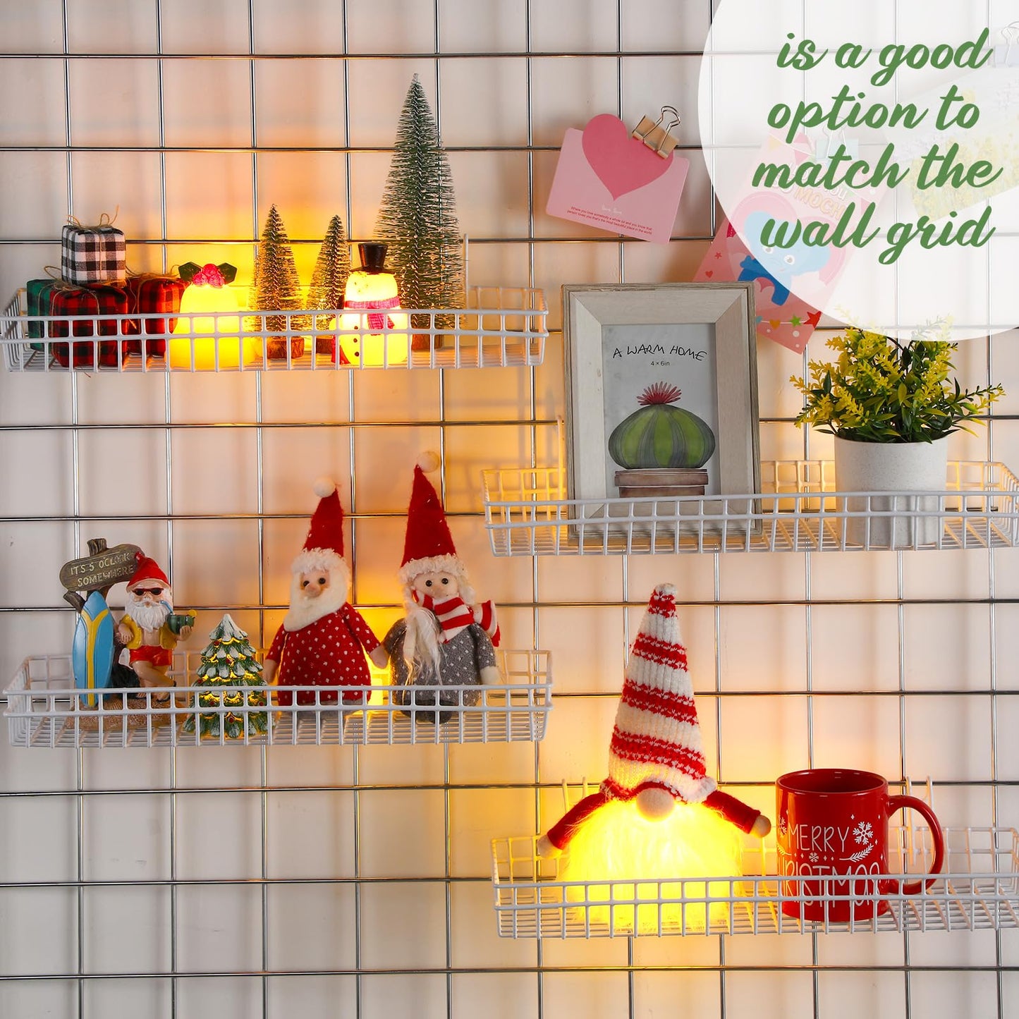 Blulu 4 Pcs 15.75 x 5.91 x 1.97 Inch Metal Grid Wall Baskets with Hooks Grid Wall Shelves Hanging Wire Basket Multi Function Storage Organizer for Kitchen Organizing Display (White)