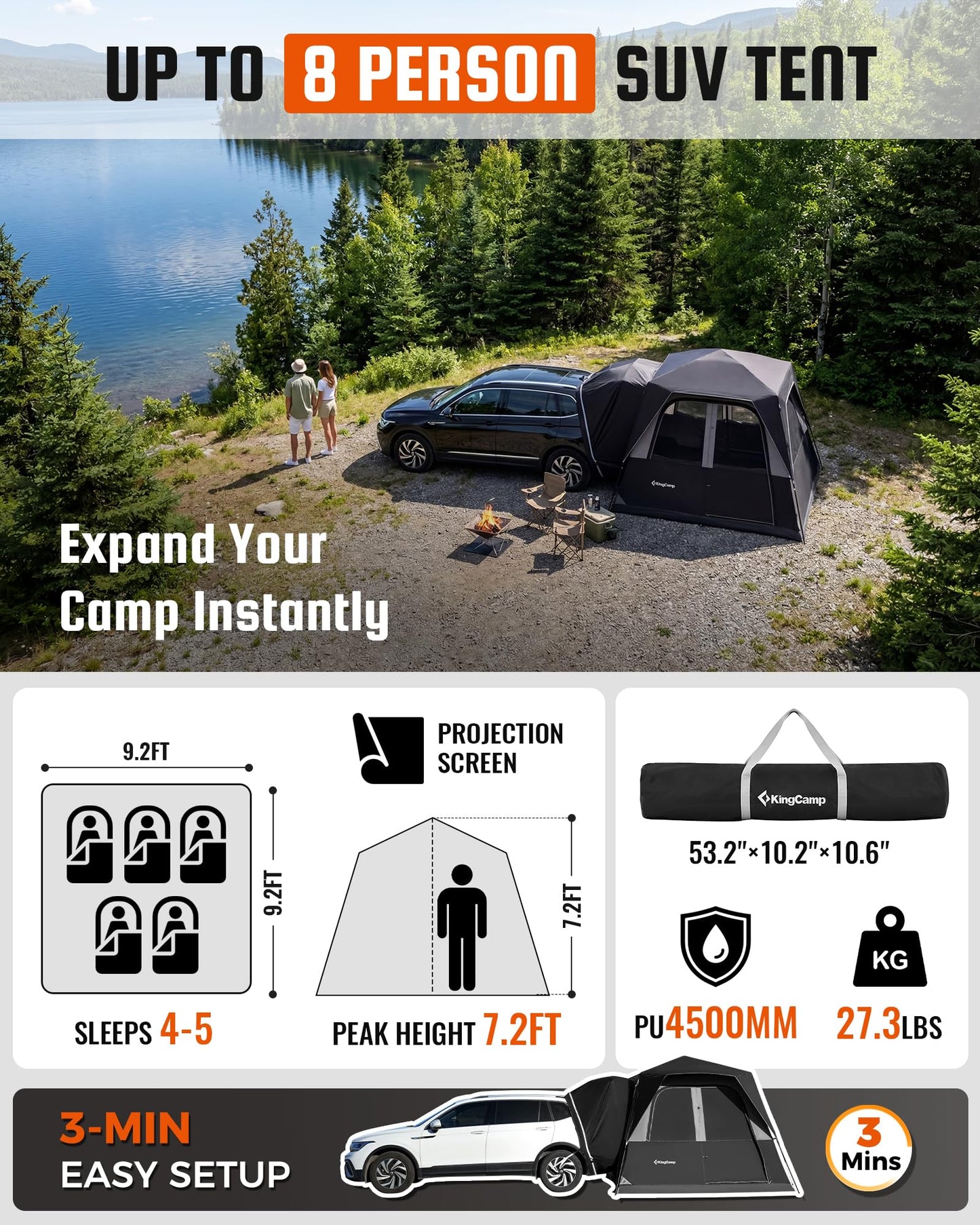 KingCamp SUV Tent for Camping, 6-8 Person Instant Tailgate Car Tent with Movie Screen, Waterproof Windproof Family Camping Tent Fits SUV Truck Jeep, Easy Setup Outdoor Shelter
