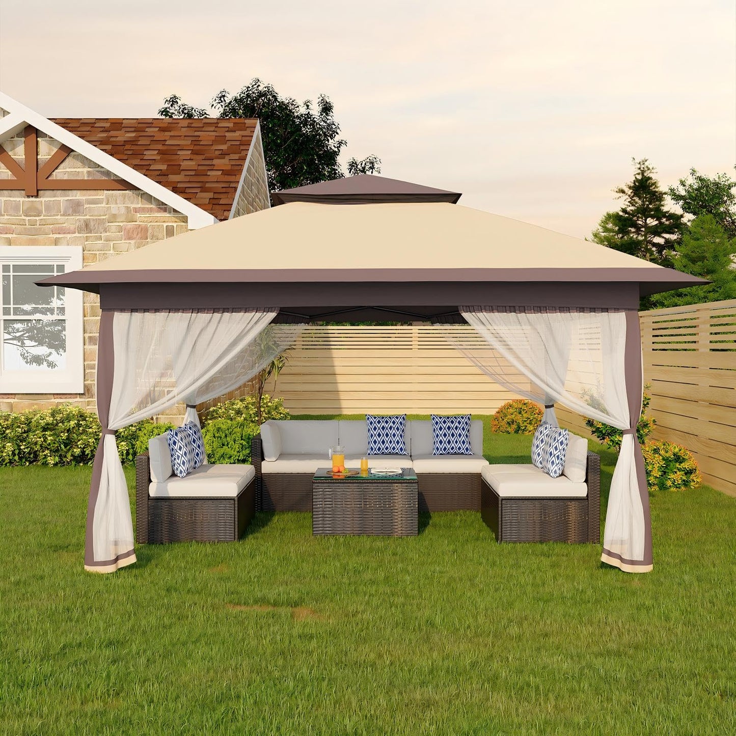 Canopy Tent 13x13 ft, Pop Up Gazebo One-Push Setup with 4 SandBags for Backyard Parties and BBQs, Mosquito Netting & Height Adjustable - Khaki & Coffee
