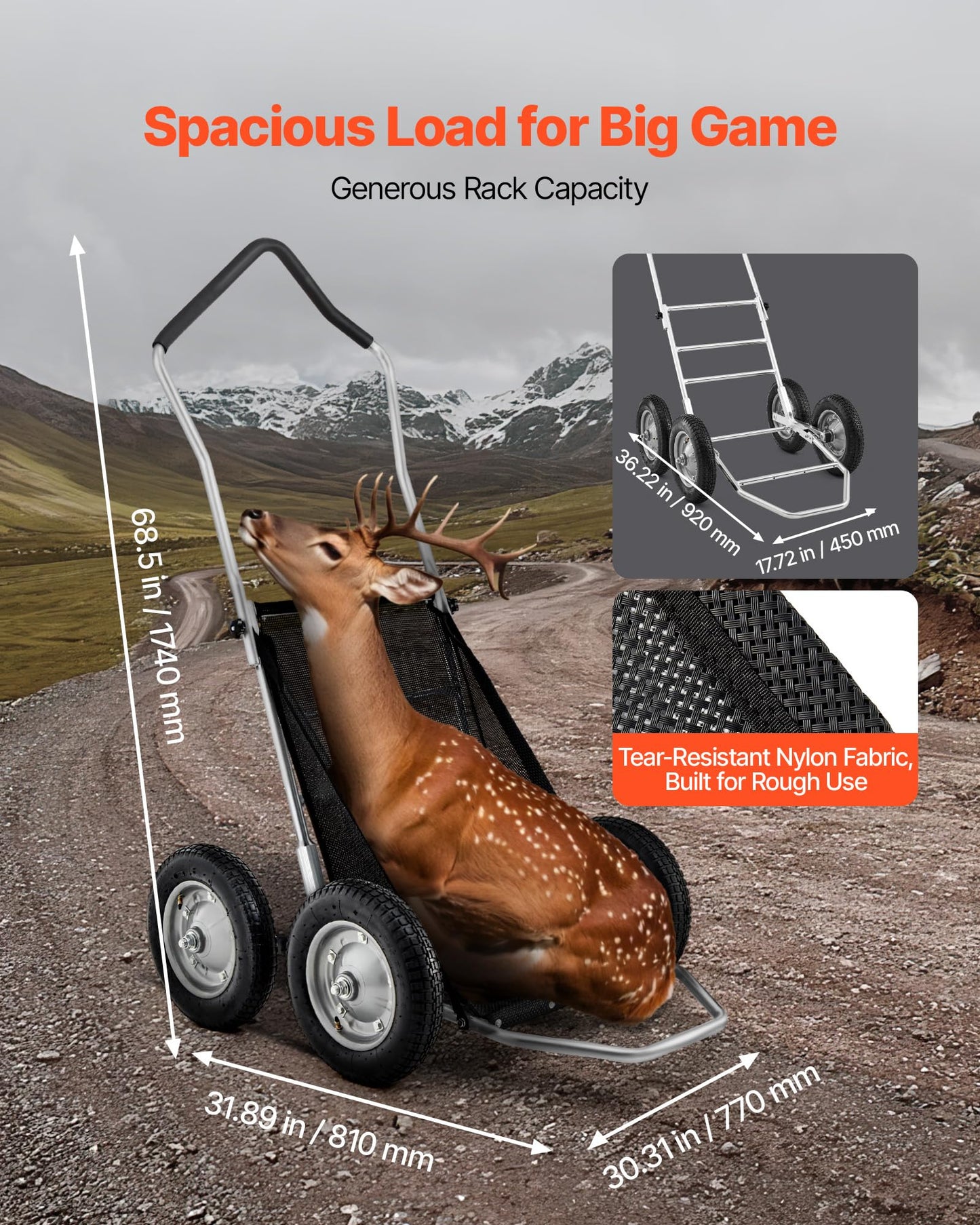 VEVOR Game Carts for Hunting, 500LBS Deer Cart Game Hauler, Heavy-Duty Crawler Cart, All-Terrain Folding Deer Hauling with Shock-Absorbing Tires, Utility Gear Dolly for Hunting Fishing Hiking