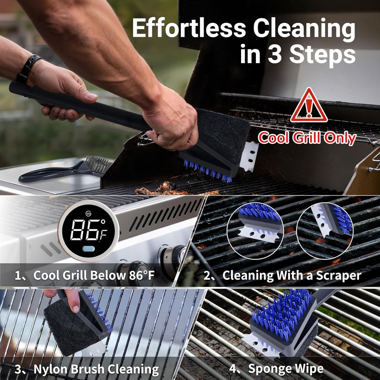 Skiennix Nylon Grill Brush - Safe Bristle-Free BBQ Cleaner Kit | 3-Piece Outdoor Grill Scraper Set
