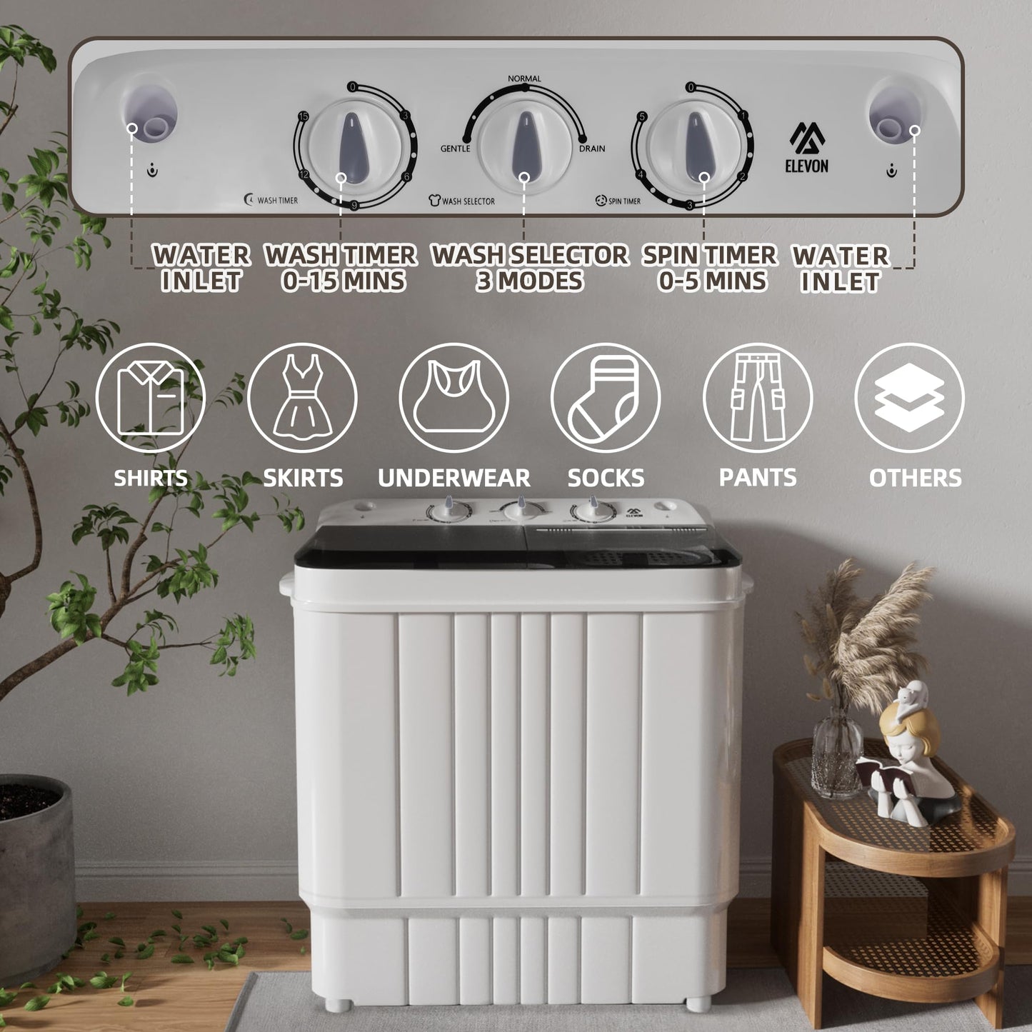 Elevon Portable Washing Machine Twin Tub 17.6 Lbs Capacity, (11 Lbs) and Spinner(6.6 Lbs) Combo Mini Compact Laundry Washer for Home, Apartment, Camping, RVs and Dorms, Black/White