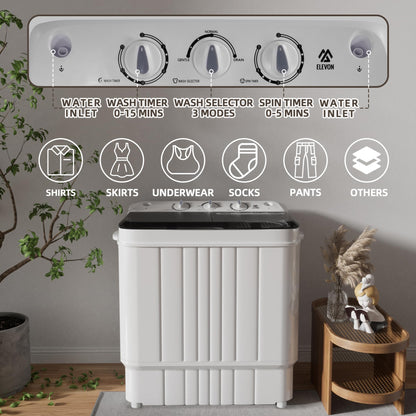 Elevon Portable Washing Machine Twin Tub 17.6 Lbs Capacity, (11 Lbs) and Spinner(6.6 Lbs) Combo Mini Compact Laundry Washer for Home, Apartment, Camping, RVs and Dorms, Black/White