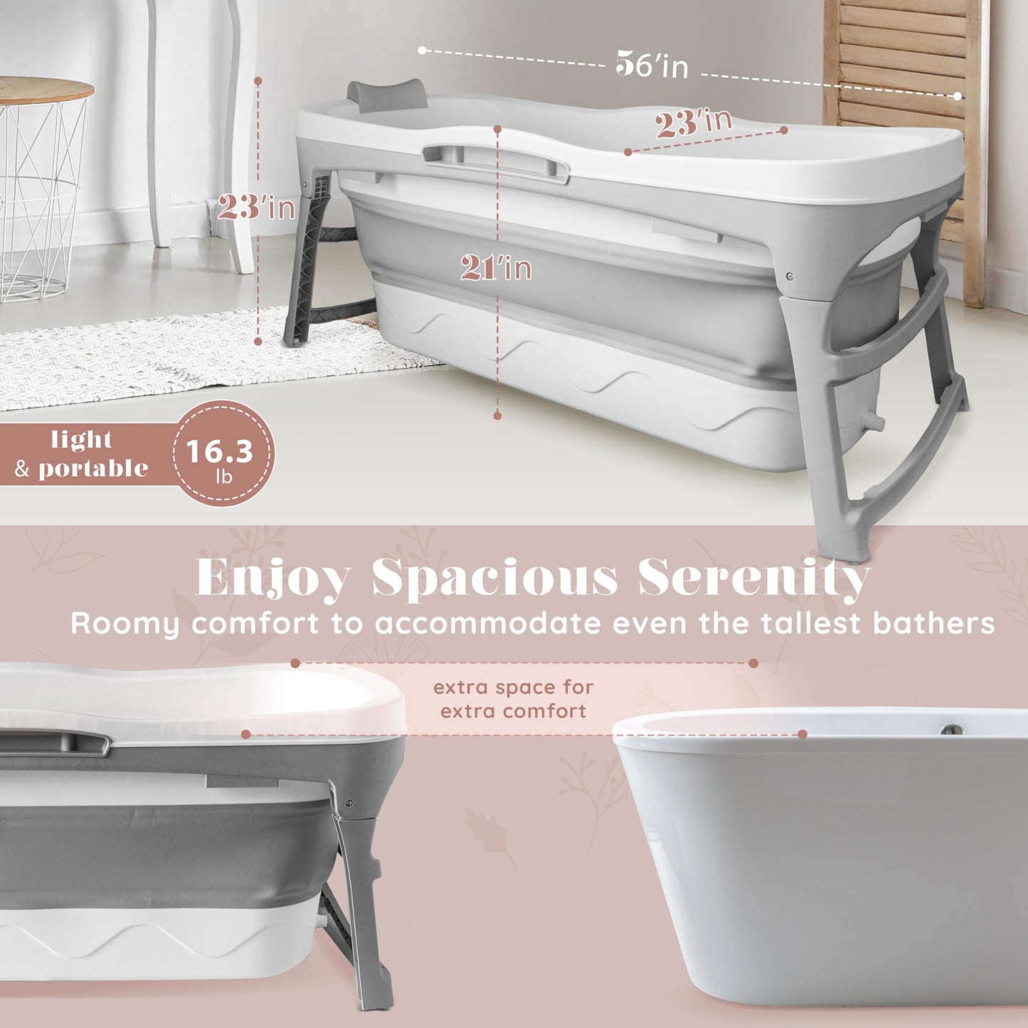 Portable Bathtub for Adult- Extra Large 56" Foldable Collapsible tub. Ergonomically Designed for the Ultimate Relaxing Soaking Bath, Ice Bath. Ideal for Small Spaces, Quick, Effortless Folding Bathtub