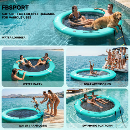 FBSPORT Inflatable Water Hammock Round Floating Ring, 8ft Inflatable Dock Floating Platform for Lake W/Cupholder, Sun Float Chill Raft Float Ring Tanning Pool Lounger Island Platform Pad