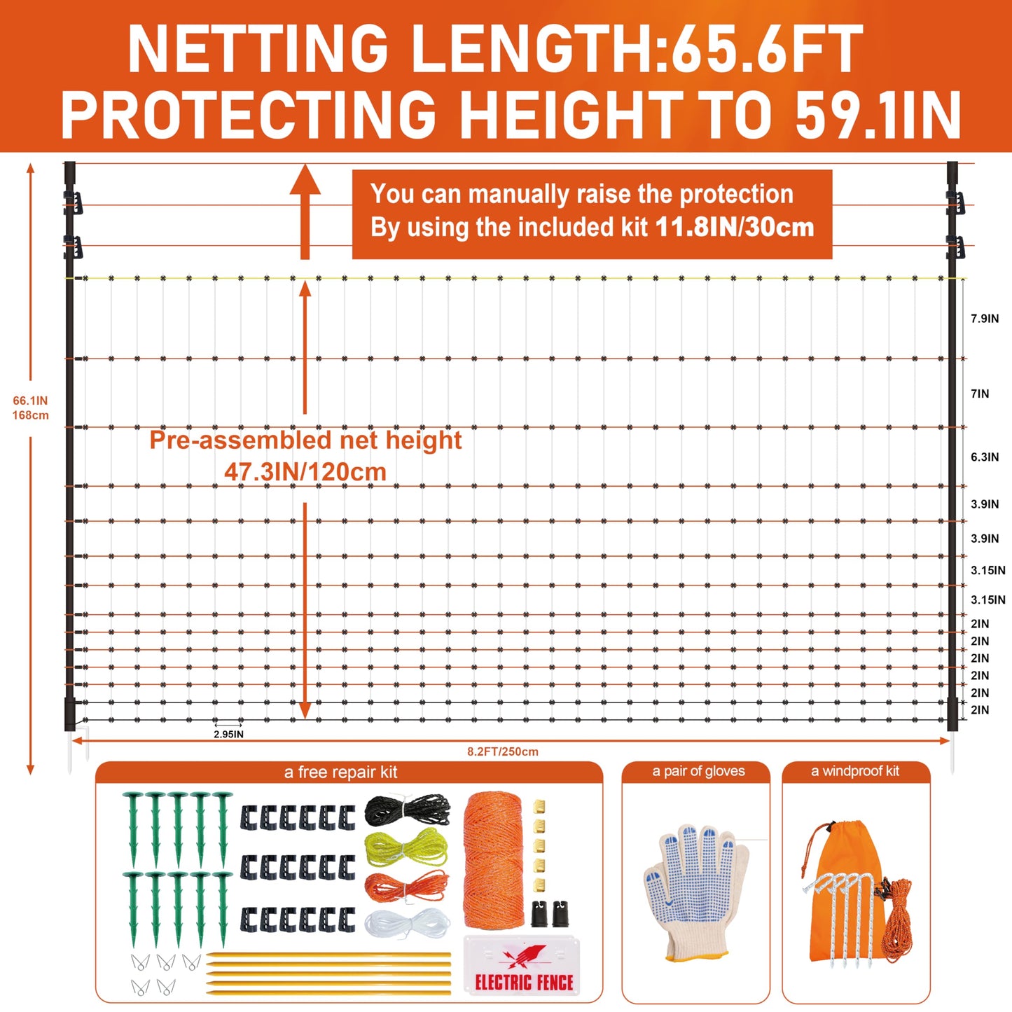 Poultry Electric Netting Fence - 47.3''H (can be Manually Raised to 59.1''H) x 65.6'L for Flying Chicken, Sheep, Goats in Farms, Ranches and Gardens, PK2