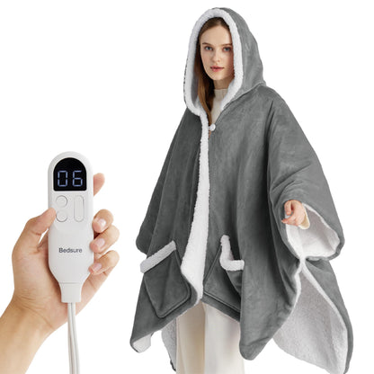Bedsure Heated Blanket Wearable Shawl - Electric Wrap Poncho Blanket Hoodie for Adult, Birthday Gifts for Mom Women, Sherpa Heating Throw with 4 Time Settings & 6 Heat Settings, 55x64 inches, Grey