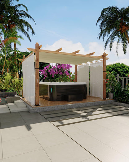 KYBOLT 10x13 Ft Outdoor Pergola with Retractable Canopy Aluminum Gazebo Imitation Wood-Grain Post with Side Mesh Screen Pavilion for Backyard Deck(Beige+White)