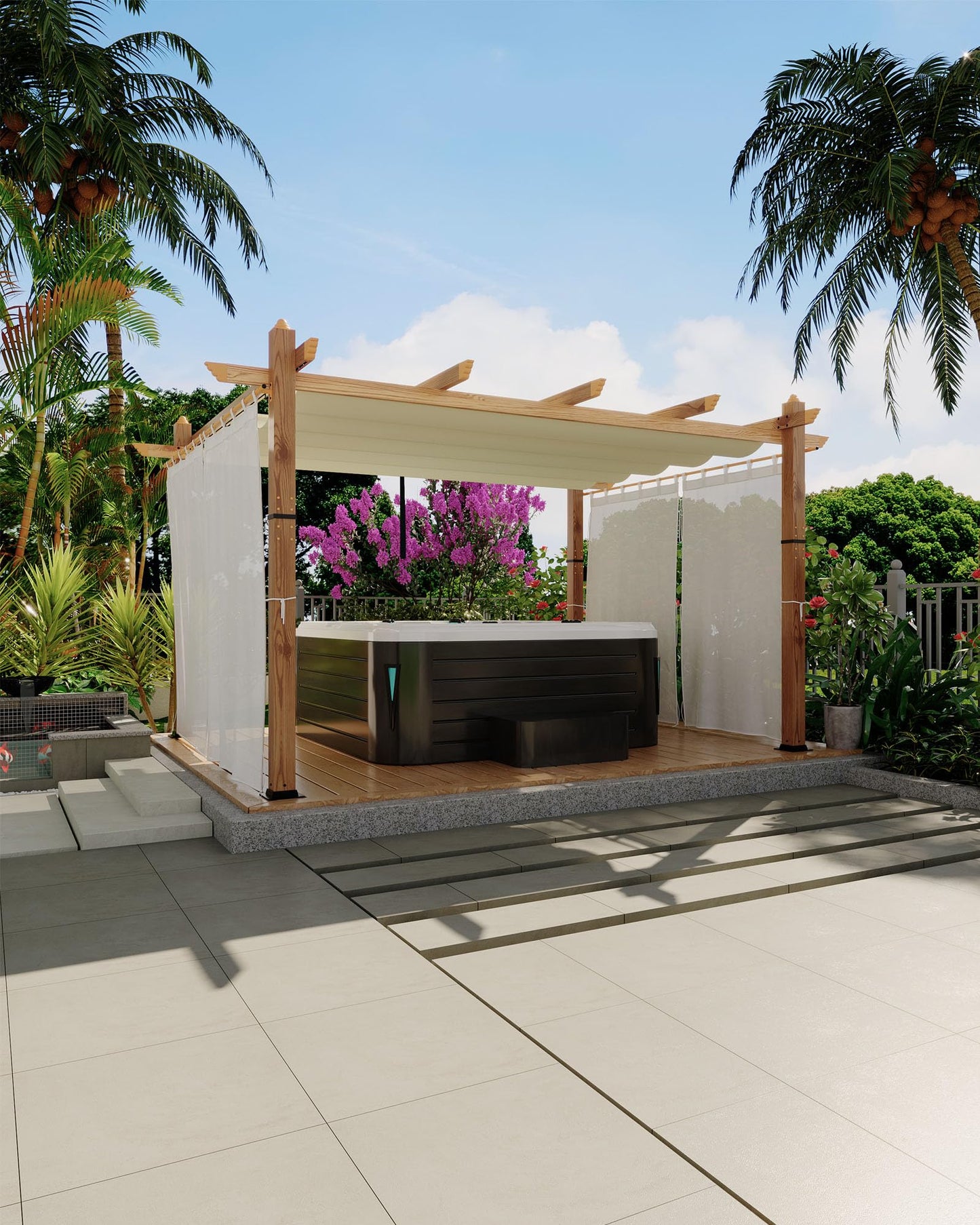 KYBOLT 10x13 Ft Outdoor Pergola with Retractable Canopy Aluminum Gazebo Imitation Wood-Grain Post with Side Mesh Screen Pavilion for Backyard Deck-Beige+White