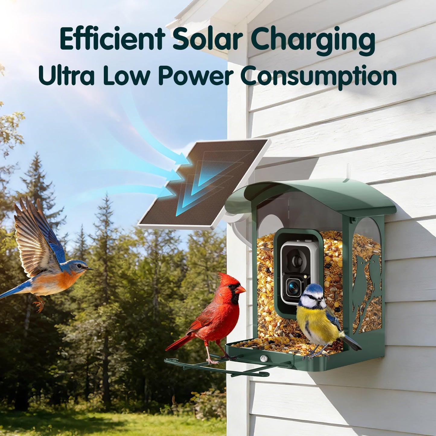 Humbirdy Bird Feeder with Camera, 4K Ultra HD Video with 30fps Live View, 10x Slow Motion, No Subscription, Solar Powered AI Smart Bird Feeder with Camera, 2.4G/5G Wi-Fi, Durable Metal,Bird Lover Gift