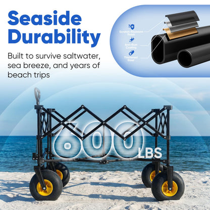 Sekey Heavy Duty Beach Wagon with 9" Big Sand-Proof Wheels – 600lb Capacity, 200L Oversized Foldable Cart | Adjustable Handle & All-Terrain Tires for Sand, Camping, Groceries