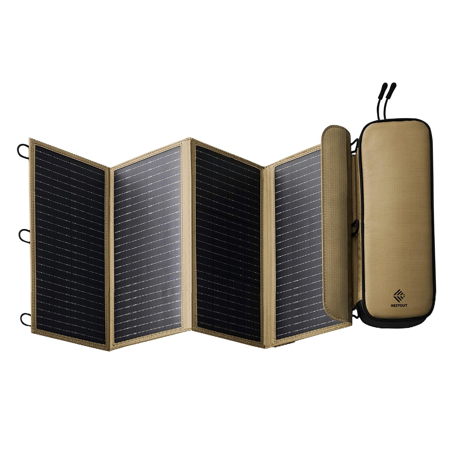 NESTOUT Portable Solar Panel, USB-C and USB-A Ports, 28W Solar Charger for Camping, Water Repellent Ripstop Nylon, Foldable Compact Design, Digital Ammeter, Adjustable Stand, Beige (4 Panel)