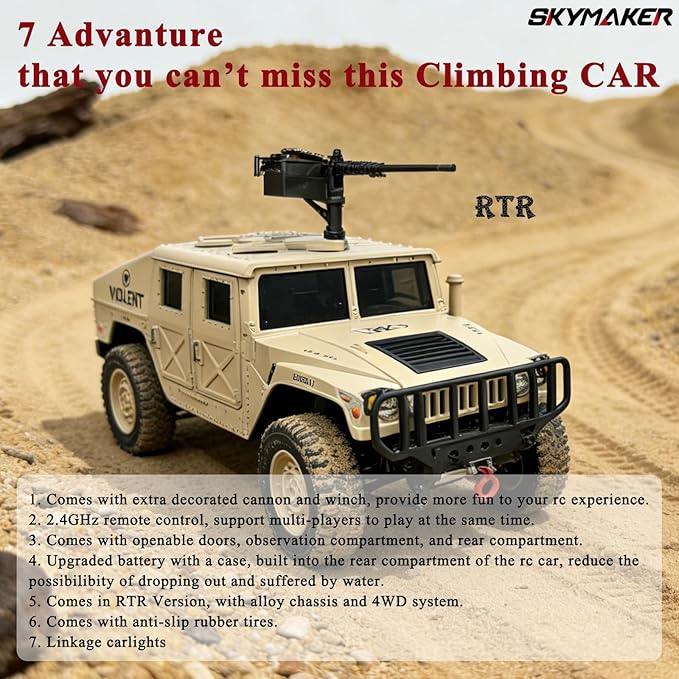 Skymaker RC Military Truck Humvee 2.4Ghz Remote Control Truck 4WD RC Hummer with Winch &amp Machine Gun Khaki