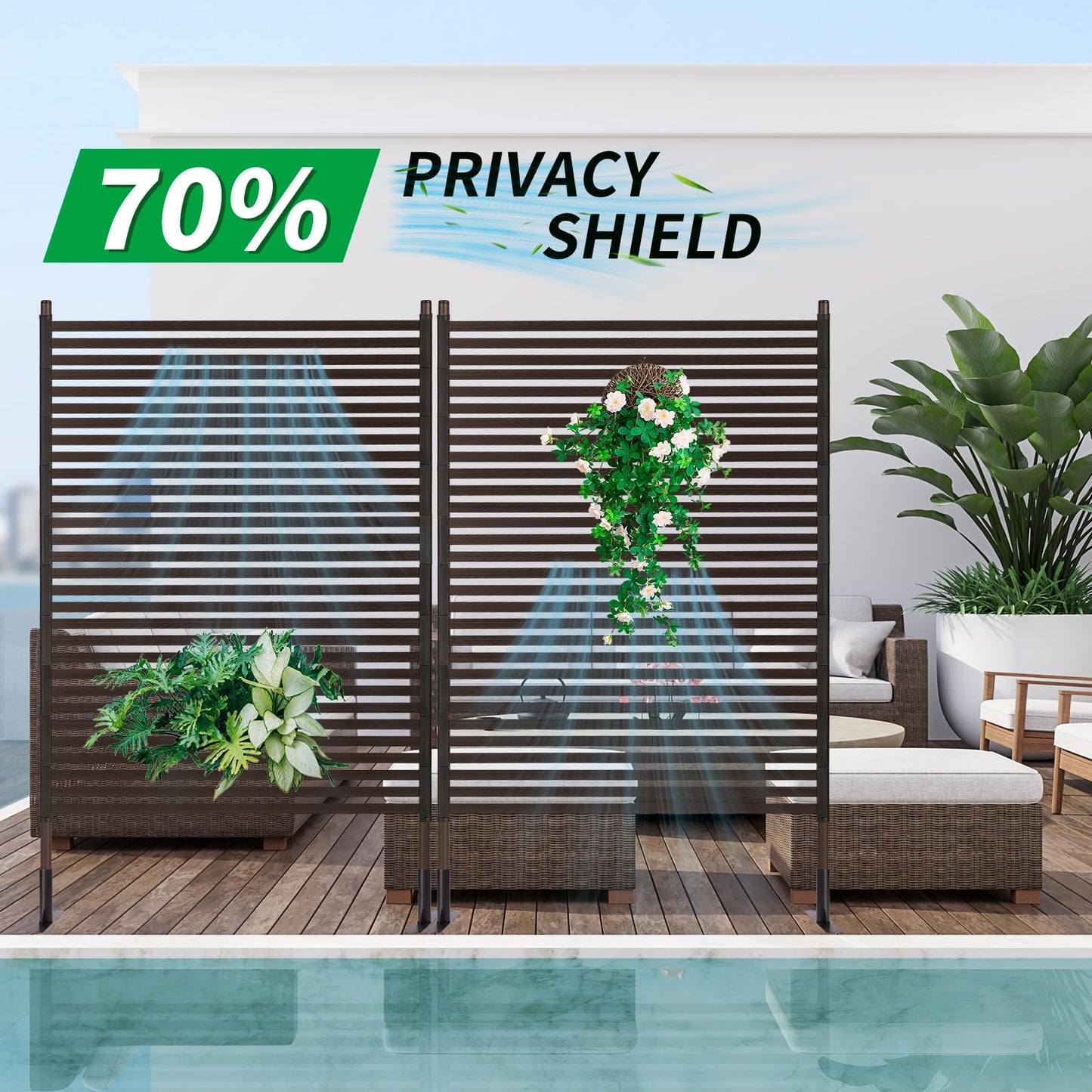 OTOSUNNY Metal Outdoor Privacy Screen with Stand, 4 ft W x 6 ft H PE-Coating Steel Pipes and Slats Panels, Decoative Privacy Screen Fence Panels Freestanding for Outside Patio Garden Backyard, Brown