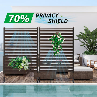 OTOSUNNY Metal Outdoor Privacy Screen with Stand, 4 ft W x 6 ft H PE-Coating Steel Pipes and Slats Panels, Decoative Privacy Screen Fence Panels Freestanding for Outside Patio Garden Backyard, Brown