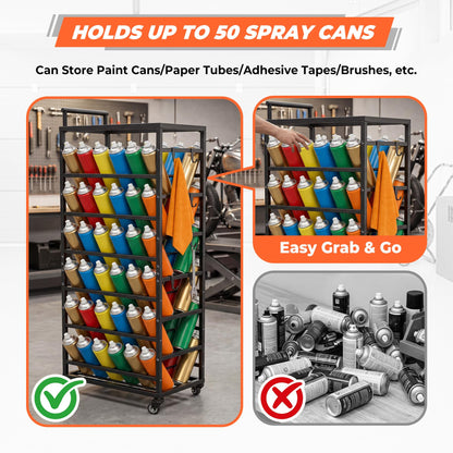 Sidasu 72 Can Spray Paint Can Holder, Rolling Spray Paint Organizer Cart with Push Handle, Spray Paint Storage Rack for Garage Workshop, Black