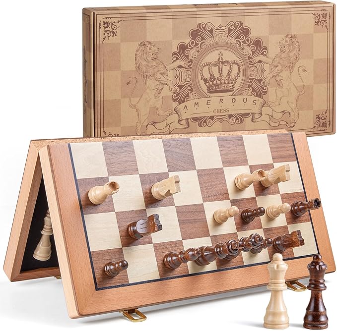 AMEROUS Magnetic Wooden Chess Set 15 Inches Handmade Wooden Folding Travel Chess Board Game Sets with Chessmen Storage Slots for Kids and Adults 2 Bonus Extra Queens Gift Box Packed