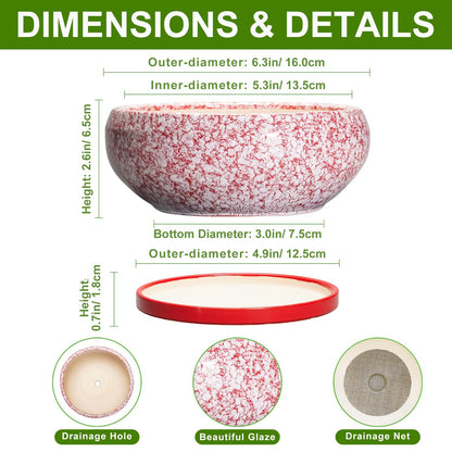 EPFamily Bonsai Pots Small - 6 Inch Ceramic Succulent Pots with Drainage Hole and Ceramic Saucer, Succulent Planters Indoor Outdoor, Shallow Round Planter, Apartment Decor, Housewarming Gifts, Red