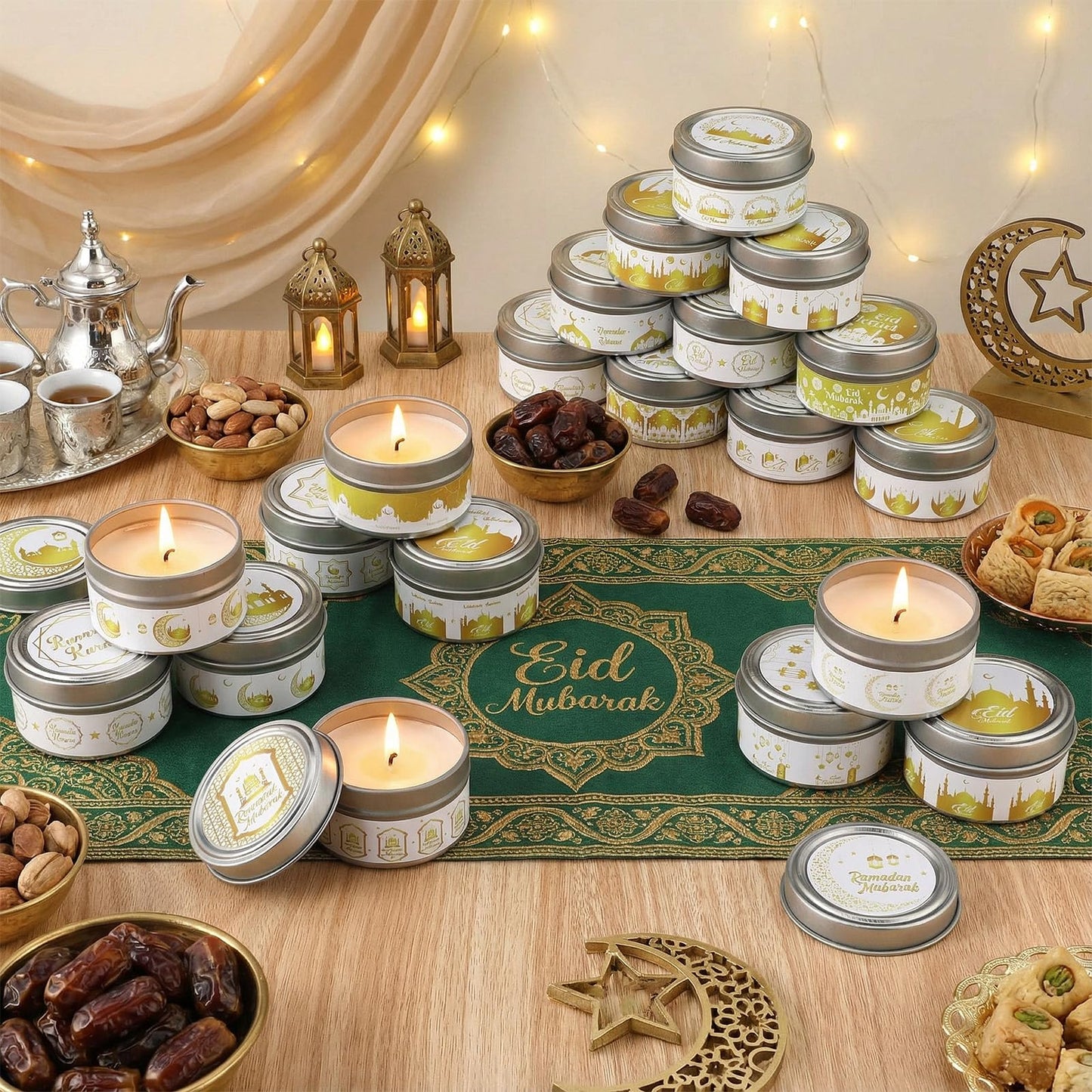 MTLEE 20 Pcs Ramadan Mubarak Scented Candles Bulk, 1 oz Eid Wax Candles, Muslim Islam Meditation Decor, Islamic Ramadan Gifts for Family Home Eid Celebration Party Favor, Assorted Scents(White Gold)